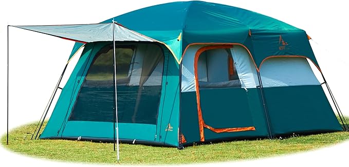KTT Large Tent 8-10-12 Person,Family Cabin Tents,2 Rooms,2 Doors and 4 Windows with Mesh,Straight Wall,Waterproof,Double Layer,Big Tents for Outdoor,Picnic,Camping,Family Gathering