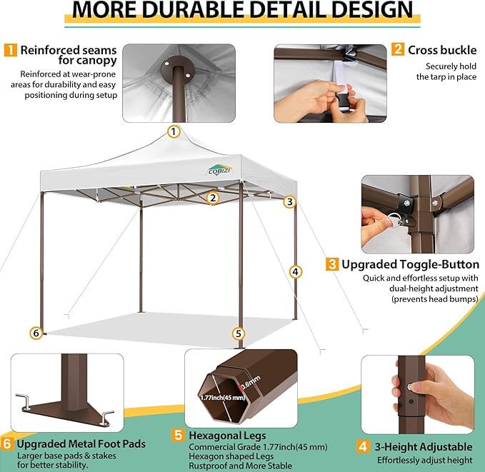 COBIZI 10x10 Pop Up Canopy Tent Heavy Duty with 4 Sidewalls, Commercial Easy Up Instant Canopy Outdoor for Events Party Wedding, All Weather Waterproof UV 50+ with Carry Bag (Leg Upgraded), White