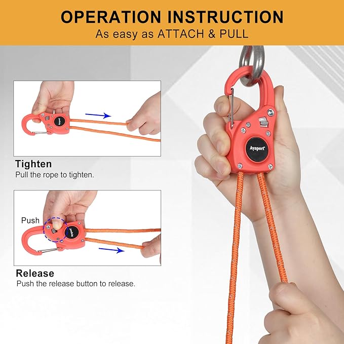 Ayaport Rope Ratchet Tie Down with Safety Lock Clip 1/4" x 12' Heavy Duty One-Piece Adjustable Kayak Straps for Tent, Tarp, Canopy Tie Downs, 4Pk Orange