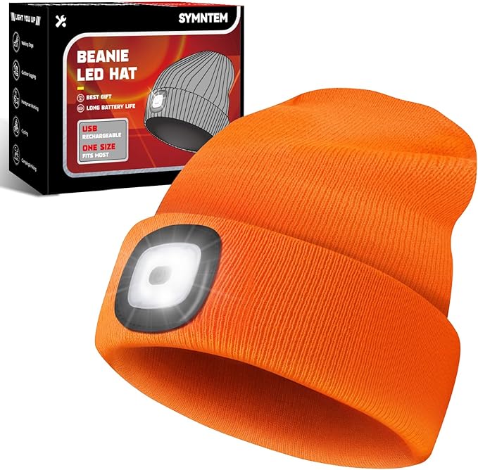 Unisex Beanie Hat with Light, Rechargeable Headlight Cap, Valentines Day Gifts for Him, Cool Gadget Gifts for Him, Birthday Gifts for Women, Gifts for Men, Orange