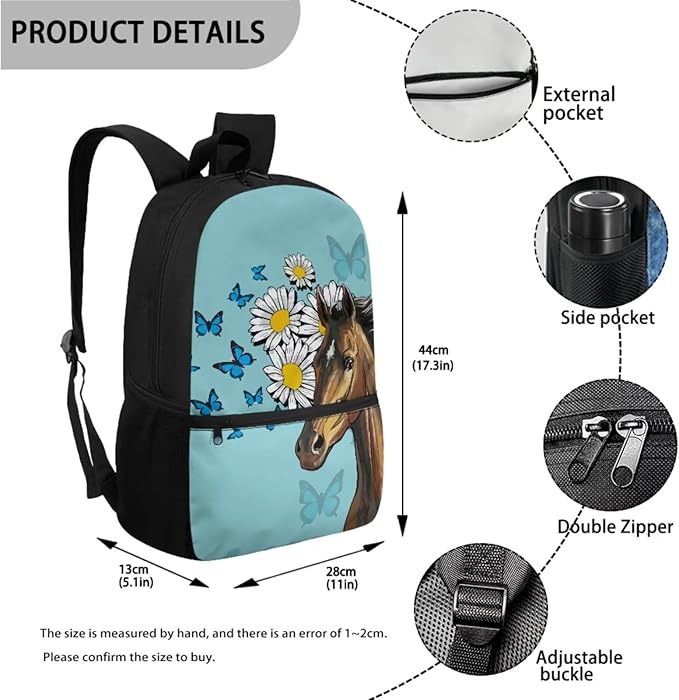 Daisy Butterfly and Horse Patterns 3 Pieces Book Bag Set with Large Capacity Pencil Case Lunch Bag, Study Supplies for Boys Lightweight Stylish Cool School Bag Gift