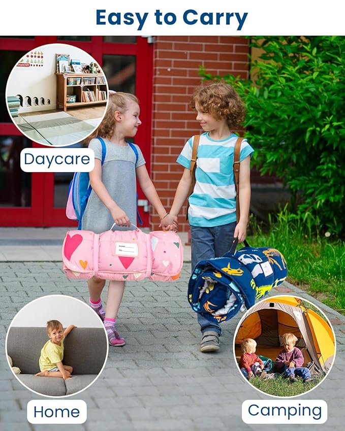 Toddler Nap Mat with Pillow and Minky Blanket, Large 55"x38" Sleeping Bag, Washable, Lightweight, Easy to Roll, Perfect for Preschool, Daycare, Kindergarten, Travel, Boys and Girls-Dinosaur