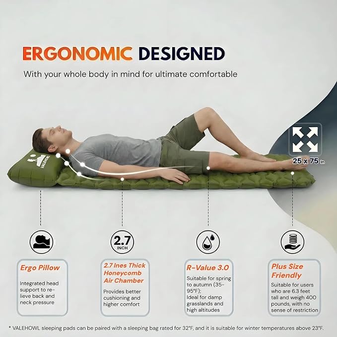 1.8 Pounds Ultralight Camping Sleeping Pad - R-Value 3.0 for 4 Seasons, Durable & 100% Waterproof Outdoor Air Mattress, Compact Sleeping Mat for Hiking, Backpacking, Travel