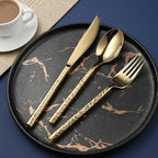 Silverware Flatware Cutlery Set， 5/20/30/40 Pieces Hammered Stainless Steel Steak Knives， Forks and Spoons，Gold-6Set-30Pcs