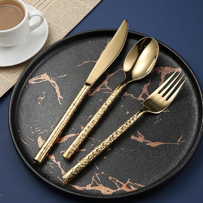 Silverware Flatware Cutlery Set， 5/20/30/40 Pieces Hammered Stainless Steel Steak Knives， Forks and Spoons，Gold-6Set-30Pcs