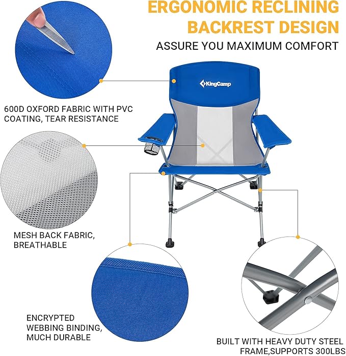 KingCamp Oversized XL Camping Chair, Heavy Duty 500lbs Folding Couch for Adults, Padded Large Comfortable Sofa Seat with Cooler Bag Cup Holder for Outdoor Sports Fishing Patio Lawn