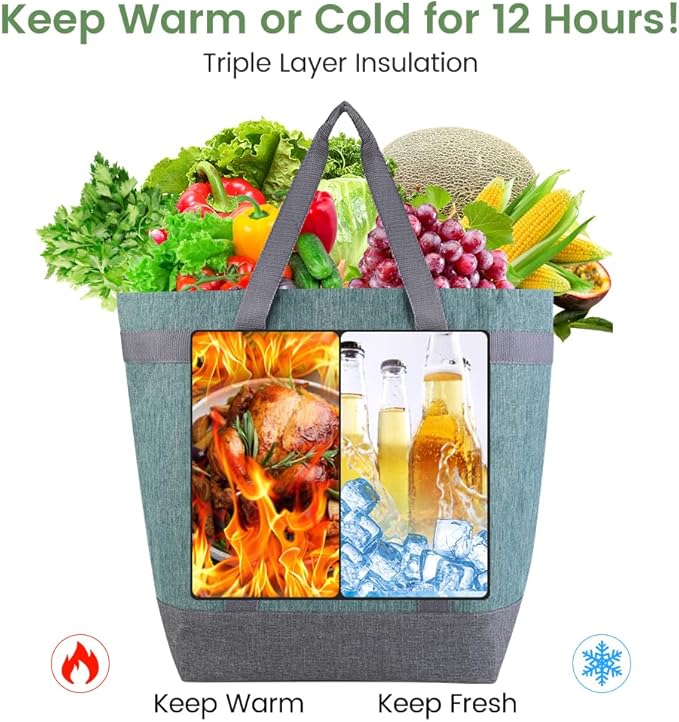 mosago Professional Insulated Food Delivery Bag, Large 39L Commercial Catering Tote for Pizza & Grocery, 3-Layer Thermal Leak-Resistant Shopping Bag, Heavy Duty Green Cationic Fabric, Collapsible