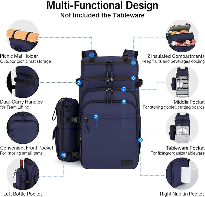 Hanke Backpack Cooler, 40 Cans Soft Leak Proof Picnic Backpack, Portable 2 Insulated Compartments Cooler Backpack Water Resistant for Lunch Beach Travel Camping Picnic Hiking,Blue