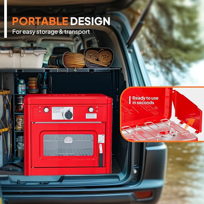 Bonnlo 2-in-1 Camping Oven & Portable Gas Stove Combo with 3-side Windscreen, Powerful 19,800 BTU Propane Oven with One-click Ignition, Heat-resistant Coating & Thermometer for Outdoor Use, Red