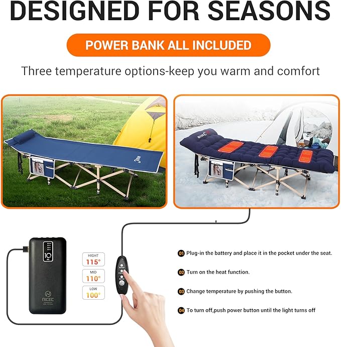 Nice C Heated Cot with Battery, Heated Camping Cots with Cushion, Folding Cots with Mattress for Adults, with Pillow, Carry Bag & Storage Pocket, Extra Wide Sturdy, Holds Up to 500 Lbs (1 Pack Navy)