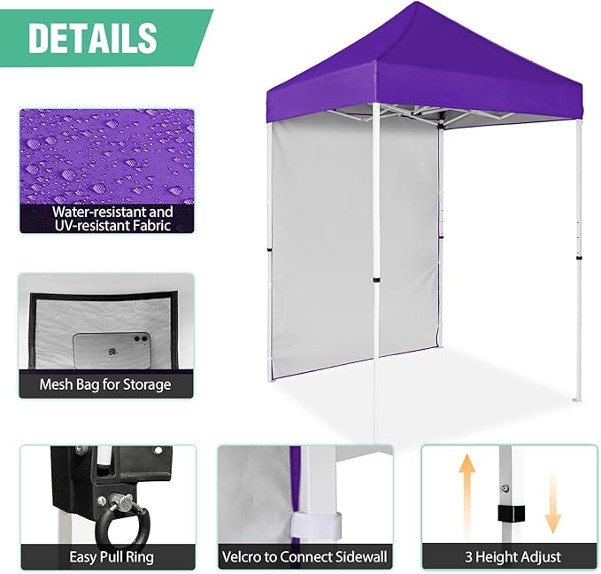 5x5 Pop Up Canopy Tent with One Sidewall, Instant Portable Beach Canopy, Outdoor Tent with Carry Bag for Camping, Sports, Tailgating, Events, Purple