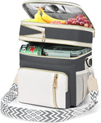 LOKASS Lunch Bag& Lunch Box for Men Women Double Deck,Large Insulated Adult Lunch Box Leakproof Lunchbox Cooler Bag for Work Picnic Beach,（Gray&White）