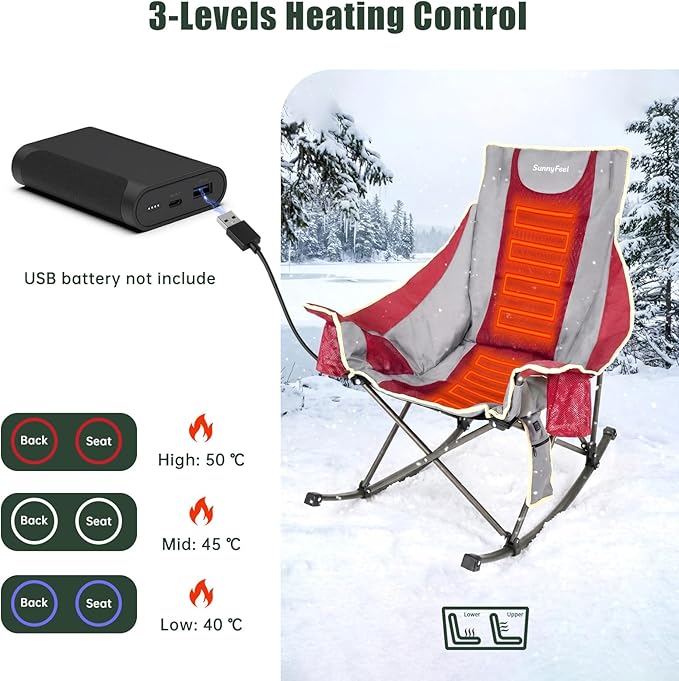 SUNNYFEEL Heated Rocking Camping Chair 2 Pack Fully Padded Patio Folding Chair Portable Oversized Outdoor Rocker High Back Lawn Recliner with Side Pocket Camp Rocker Chairs for Adults 500 LBS Red