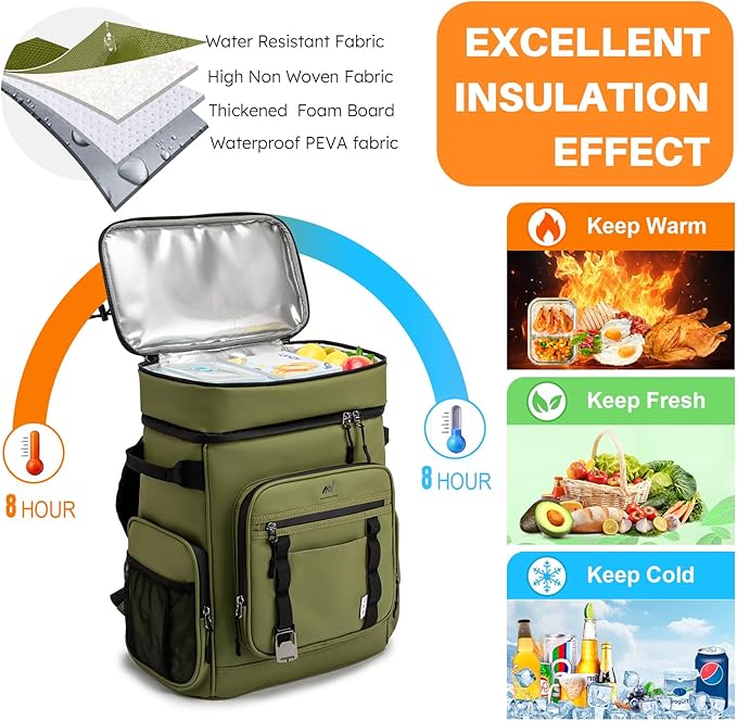 NOL Natural Organic Lifestyle Double Deck Large Waterproof Insulated Cooler Backpack for Men & Women, 32L/57 Cans Leak Proof Cooler Lunch Backpack for Picnic, Camping, Beach, Outdoor, Amy Green