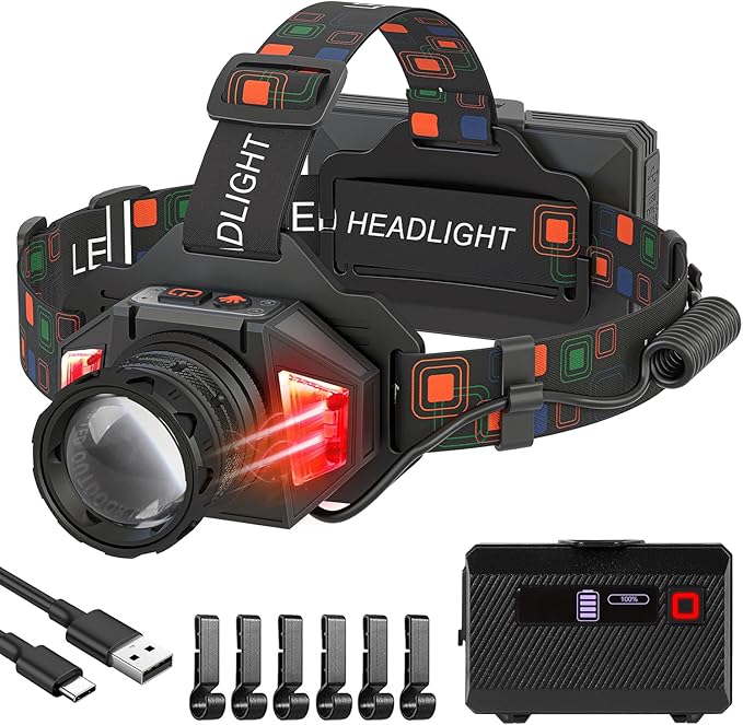 LED Headlamp Rechargeable, 3000 Lumens Head Lamp Battery Power | 9 Modes | 72H Long Battery Life | Motion Sensor | Red Light | IP65 Waterproof | 90° Adjustable Headlight for Hardhat, Camping, Hiking