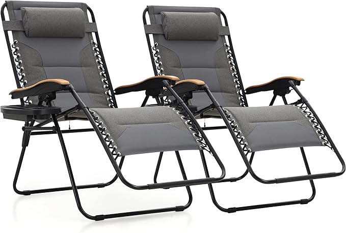 MAISON ARTS Oversized XXL Padded Zero Gravity Chair Set of 2, 30" Wide Seat Foldable Patio Recliner, Anti Gravity Outdoor Lawn Chair with Cup Holder & Pillow, Supports 400lbs, Grey