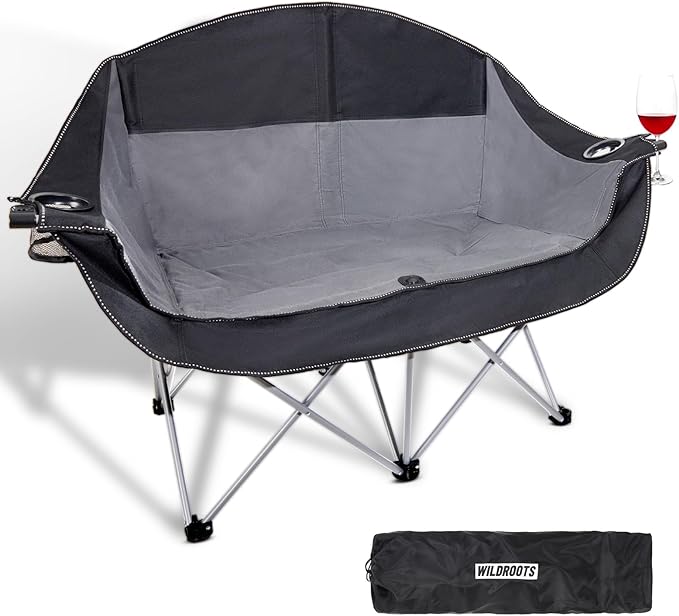 WILDROOTS Outdoor Folding Double Camping Chair Adults 2 Person,Heavy Duty 600 LBS Loveseat with 2 Cup Holder,Portable Carry Bag Included for Camping,Lawn,Backyard,Movie
