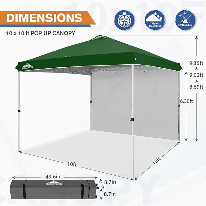 EAGLE PEAK Commercial Canopy 10x10 Pop Up Canopy Tent with 1 Sidewall, Easy Setup Heavy Duty Instant Event Shelter for Vendors & Markets, Outdoor Sun Shade, Green