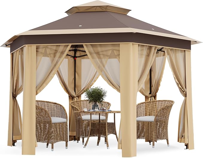 13x13 FT Pop-Up Gazebo – Double Roof, Mosquito Netting, Hexagonal Prompt Canopy Tent, UV & Rain Resistant, Adjustable Height, Portable Carry Bag for Patio, Backyard, Parties – Khaki + Beige