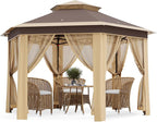 13x13 FT Pop-Up Gazebo – Double Roof, Mosquito Netting, Hexagonal Prompt Canopy Tent, UV & Rain Resistant, Adjustable Height, Portable Carry Bag for Patio, Backyard, Parties – Khaki + Beige