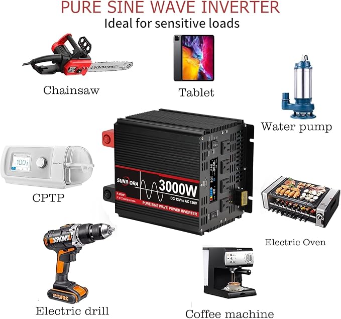 3000 Watt Pure Sine Wave Power Inverter, 12V DC to 110V/120V AC Converter 6000W Peak, with Remote Control LCD, 4 AC Outlets & USB Port & Hardwire Terminal, for Truck RV Boat Camping Solar System EPS