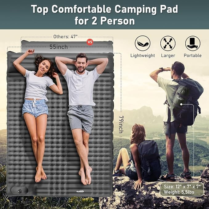 Elegear CumbreX Double Sleeping Pad for Camping, 4.7" Ultra-Thick Inflatable Camping Sleeping Pad 2 Person with Built-in Foot Pump, Portable Camping Sleeping Mat for Backpacking Hiking Tent, Gray Full
