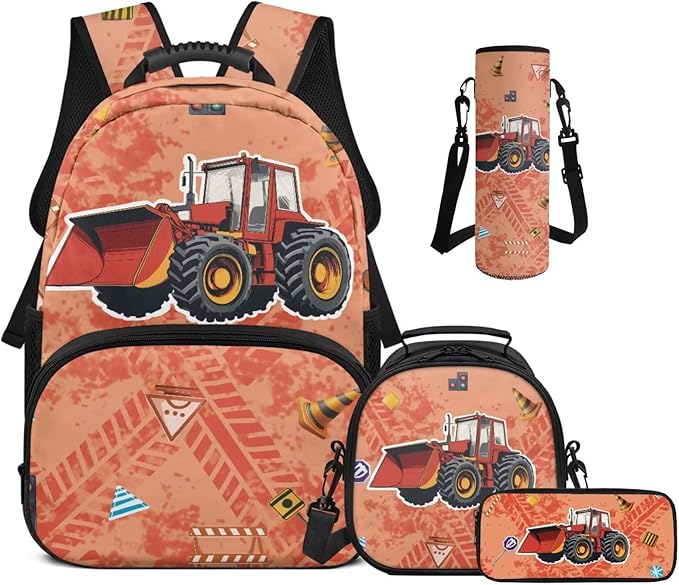 Boy Backpack and Lunch Box Set Lightweight Kids Scooper Construction Truck Backpack Elementary School 4 in 1 Set Kids Book Bag for School Travel Shoulder Bag Daypack