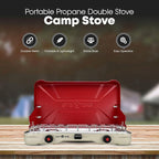 GasOne Portable Camping Stove – Double Propane Stove with Auto Twist Turn Ignition – 22,000 BTU Camping Cooktop with 2 Burners and Wind Guard – Ideal for Tailgating, Fishing, Travel, Red