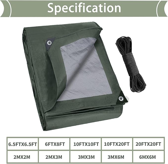 Heavy Duty Waterproof Tarp 10x20 FT, 6 Mil Thick Tarpaulin Cover with Reinforced Edges & Grommets - for Outdoor Camping, Roof, Boat, RV, Pool, Tent - Includes Utility Rope
