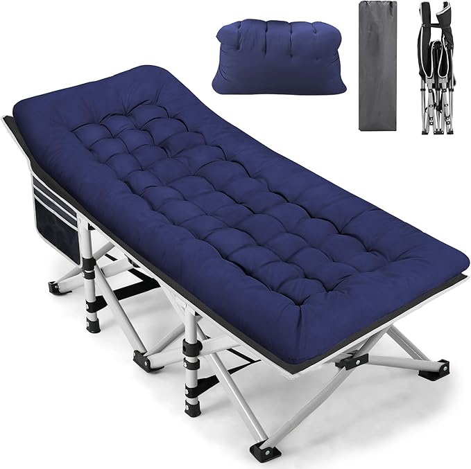 Portable Camping Cot, Sleeping Cot for Adult, 28" Extra Wide Heavy Duty Folding Cot Max Load 600LBS with Thick Mattress, Portable Camping Bed for Camp Outdoor/Office, Home Nap (Blue)