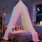 Rainbow Bed Canopy for Girls with Glowing Stars, Colorful Princess Canopy Bed Curtains for Twin, Full, and Queen Sizes,Mosquito Netting for Baby Crib,Ceiling Tent for Kids Bedroom Decor