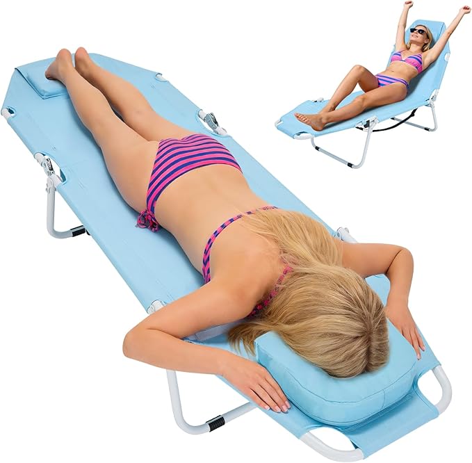 LILYPELLE Tanning Chair with Face Hole, Heavy Duty Outside Lounge Chair with Mattress, Folding Outdoor Face Down Tanning Chairs Arm Hole for Beach Poolside Patio Sunbathing Lawn Camping