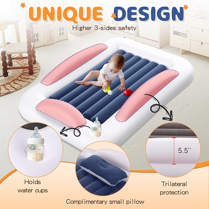 Inflatable Toddler Travel Bed - Portable Toddler Kids Travel Bed with Safety Sides Complete Kids Air Mattress Set with High-Speed Pump, Ideal for Vacation Camping and Sleepover (60 Inches)