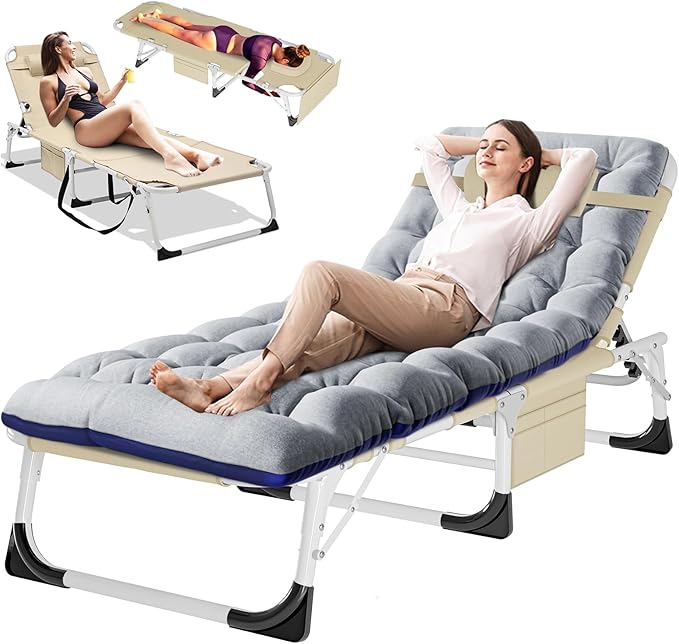 DoCred Folding Lounge Chair with Mattress, 5 Position Adjustable Folding Sleeping Bed Cot Chaise Lounge Chairs Perfect for Sunbathing, Camping, Pool, Beach, Patio