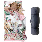 Custom Toddler Nap Mat for Preschool, Personalized Name Pink Kids Sleeping Bag with Horse Pattern for Daycare, Roll Up Sleeping Mat with Removable Pillow and Soft Dot Minky Blanke for Girls Camping