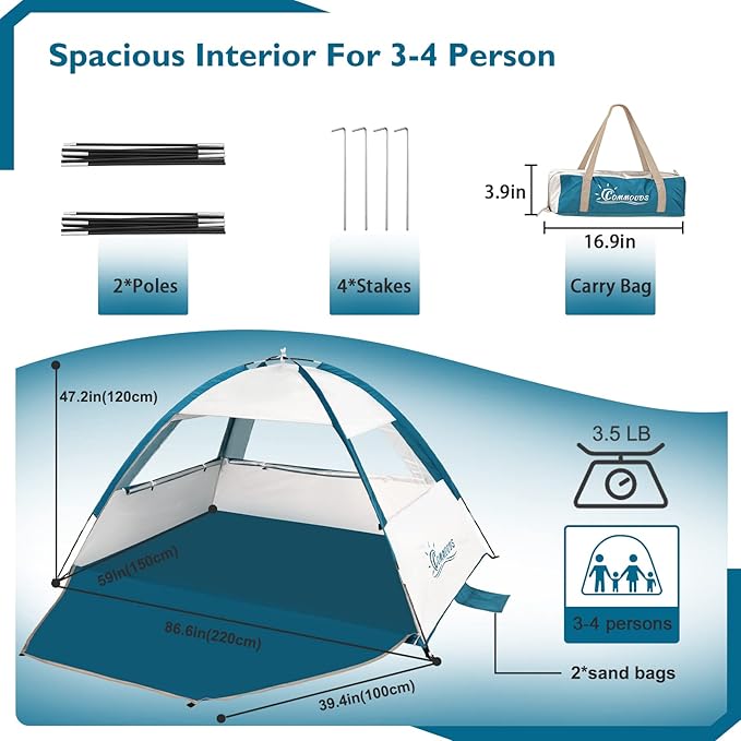 COMMOUDS Beach Tent Sun Shade for 3/4/6/8 Person, UPF 50+ Beach Sun Shelter Canopy Tent, Lightweight, Easy Set Up and Carry