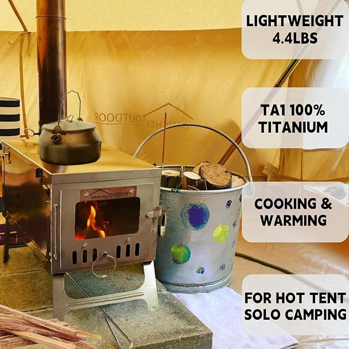 DANCHEL OUTDOOR Backpacking Hot Tent w/Stove Jack, Portable Tipi Tent with T6 Titanium Folding Wood Stove for 1-4 Person Winter Camping Hunting,3m/4m