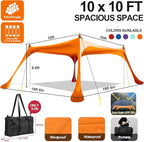 Buheco Beach Tent Pop Up Shade 10x10ft Beach Canopy Sun Shelter UPF50+ with 4 Foldable Poles-Portable Carrying Bag-Sand Shovel-Ground Pegs-Windproof Ropes for Outdoor Family Camping-Fishing- Picnic