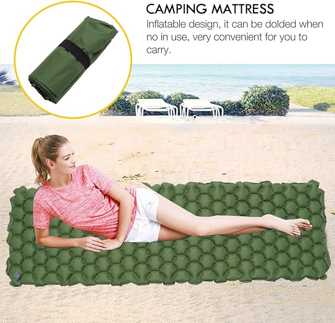 PRETYZOOM Outdoor Inflatable Sleeping Mat Waterproof Camping Mattress Portable Tent Sleeping Pad 192x58x6cm Green for Hiking and Travel