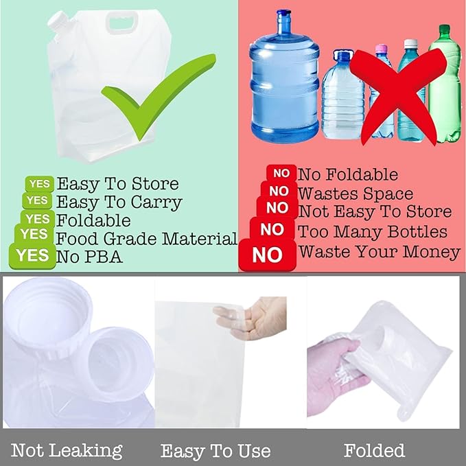 16-Pack Collapsible Water Containers (2.6 Gallon / 10L Each) - BPA Free Food Grade Water Storage Bags - Leak-Proof & Reusable for Camping, RV, Hiking & Home Backup (42 Gallons Total)