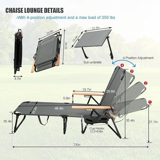 Folding Outdoor Chaise Lounge Chair with 360°Shade, 4 Position Portable Sun Tanning Chair with Headrest, Foldable Beach Lounge Chair with Cup Holders & Wooden Armrests for Patio Pool Lawn (Grey-B)