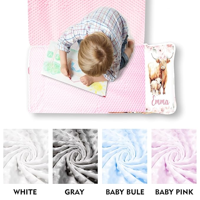 Custom Toddler Nap Mat for Preschool, Personalized Name Highland Cow Design Kids Sleeping Bag for Daycare, Roll Up Sleeping Mat with Removable Pillow and Soft Dot Minky Blanke for Girls Camping