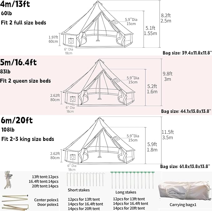 DANCHEL OUTDOOR B5PRO 4 Season Canvas Tent with Stove Jack Camping, Waterproof Bell Tent with AC Port Yurt All Year Living, Luxury Glamping for 4/6/8 Person Hunting Party, 13ft/16.4ft/20ft