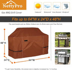 NettyPro Grill Cover for Outdoor Grill 64 inch, Waterproof Heavy Duty Gas BBQ Cover for Outside Weber, Char-Broil, Brinkmann, Jenn Air, Nexgrill 3-4 Burners Barbecue, Brown