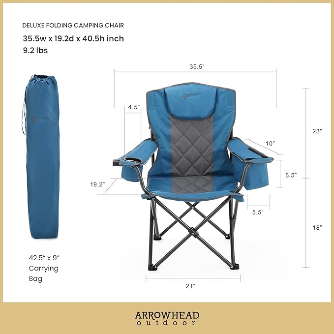 ARROWHEAD OUTDOOR Deluxe Folding Camp Chair – 550lb Capacity Heavy-Duty Quad Chair with Integrated Cooler, Headrest, and Dual Cup Holders.