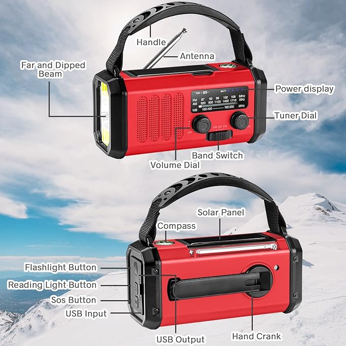 Weather Radio, Emergency Crank Radio AM/FM/NOAA Solar/Hand Crank/USB Charging,10000mAh /37000mWh Rechargeable Battery, Flashligh Cell Phone Charger for Hurricanes Camping & Home Emergencies