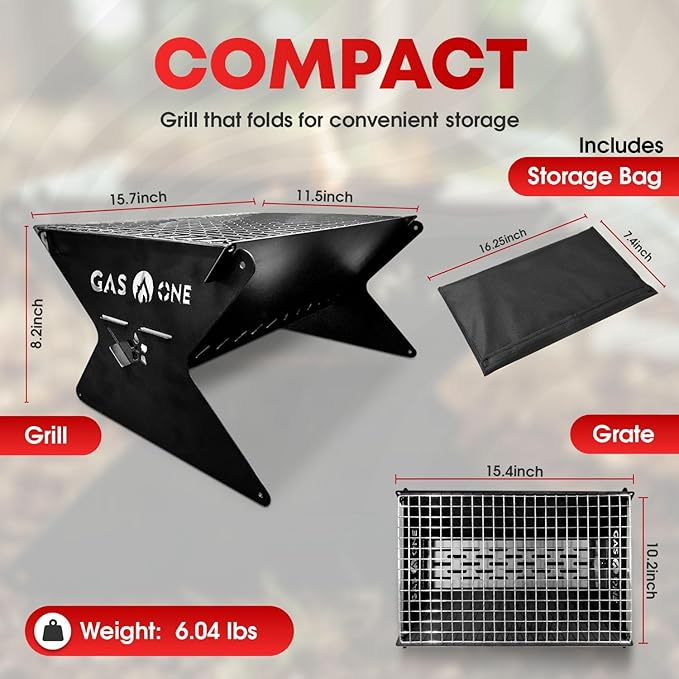 GasOne 15” Portable Charcoal Grill – Foldable BBQ Grill – Camping Grills for Backyard, Bonfire, Patio – Heavy-Duty Portable Fire Pit – Camp Cooking Gear