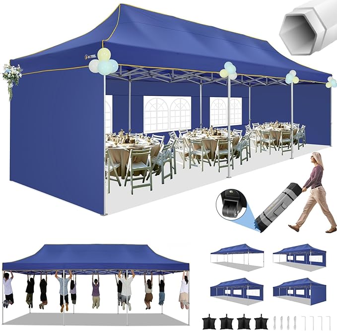 HOTEEL 10x30 Heavy Duty Pop Up Canopy Tent with 5 Sidewalls&Wheeled Bag, Commercial Event Party Tent Wedding Instant Canopy Waterproof, Upgraded Thicked Hexagonal Legs, UV 50+, Deep Blue