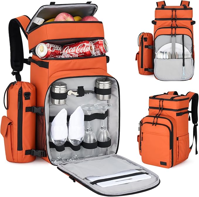 Hanke Backpack Cooler, 40 Cans Soft Leak Proof Picnic Backpack, Portable 2 Insulated Compartments Cooler Backpack Water Resistant for Lunch Beach Travel Camping Picnic Hiking,Orange
