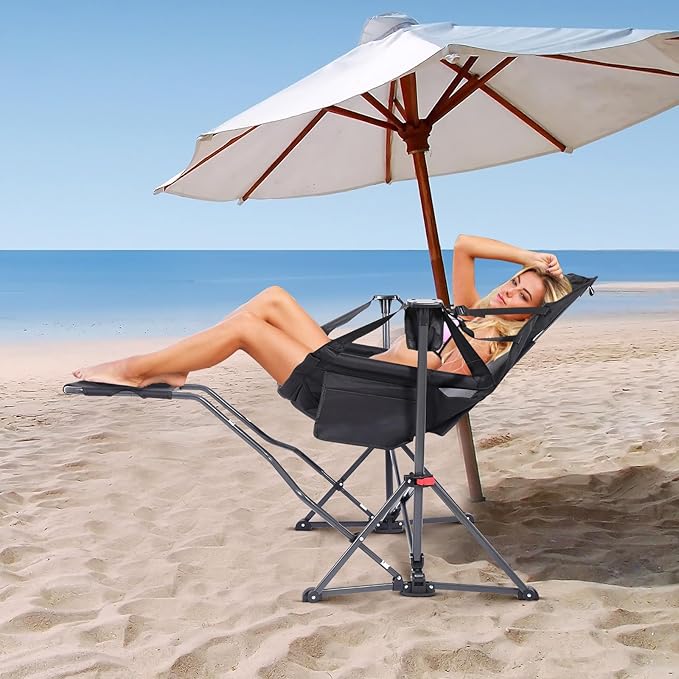 Nice C Hammock Camping Chair with Footreat, Swinging Camping Chair Rocker, High Back Chairs with Stand, Cup Holder, Side Pocket, Heavy Duty (1 Pack, Black)